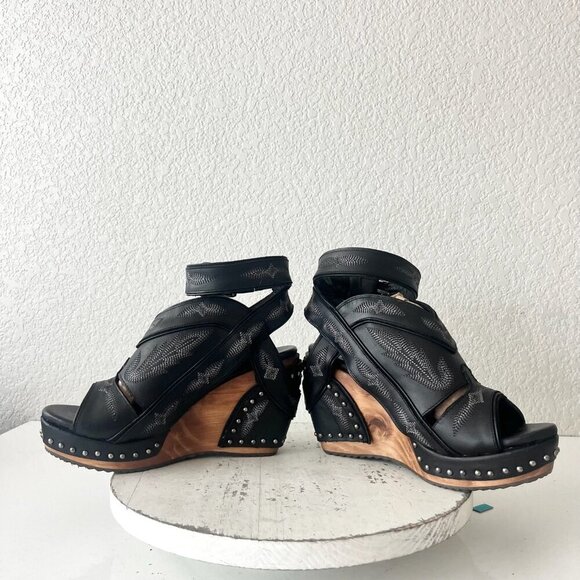 Lane Boots LEXINGTON Womens Black Wedges 8.5 Western Sandals Cowgirl Wooden Heel - Picture 7 of 11